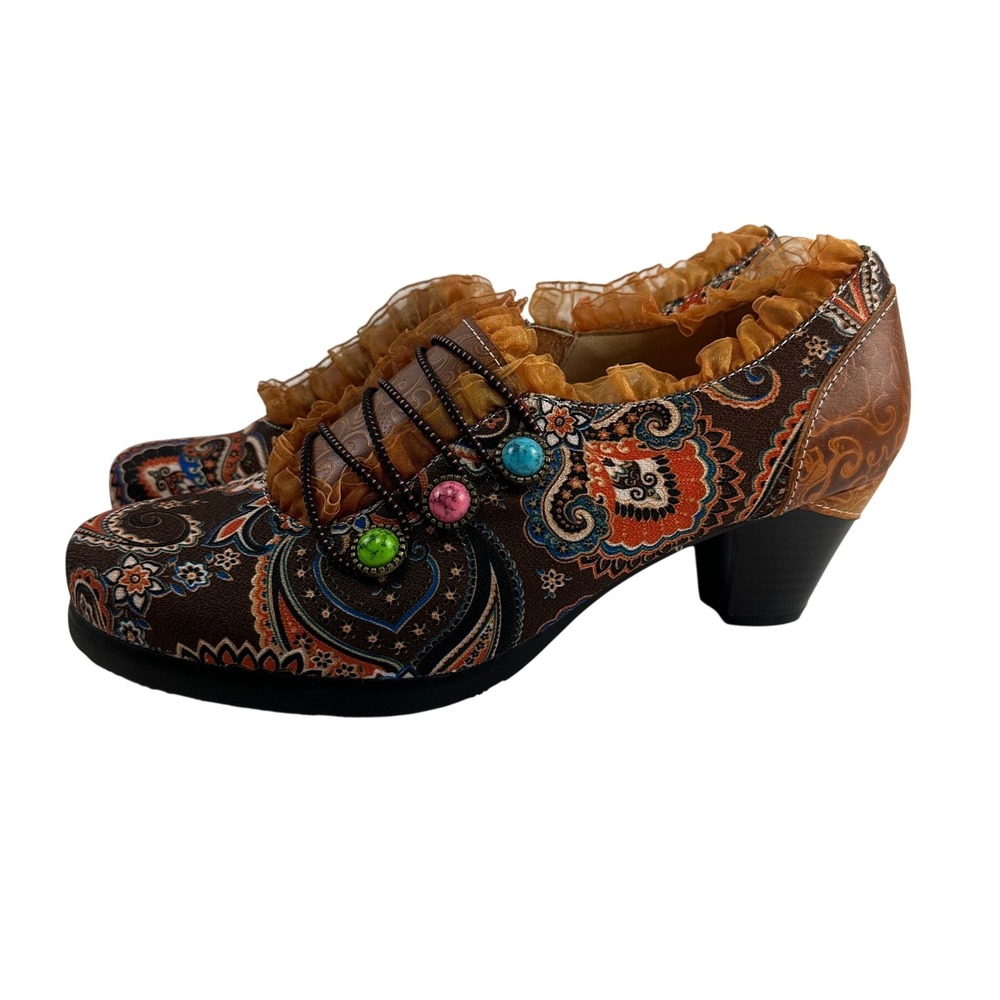 Socofy Brown Paisley Pump Leather Boho Ruffle Trim Blue Bead Zipper Women 42 11